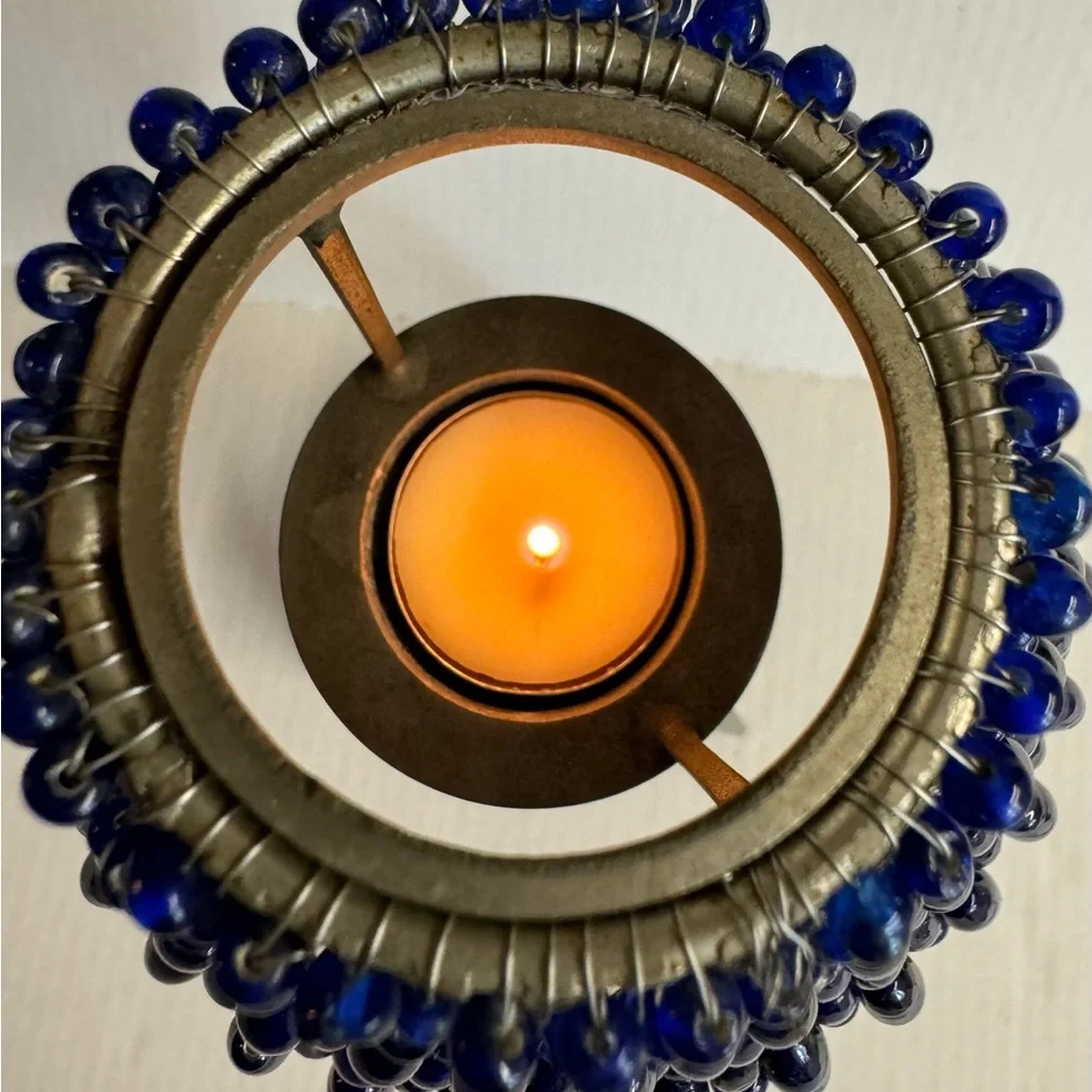 Vtg Cobalt Blue Glass Bead Shaded Votive candle holder with pewter 3 leg base.